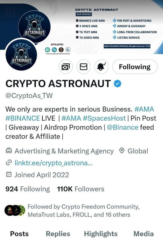 Crypto Astronaut Twitter on phone